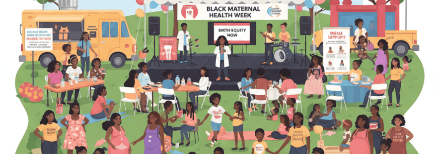 Vibrant community event illustration for Black Maternal Health Week featuring speakers, families, and activities.