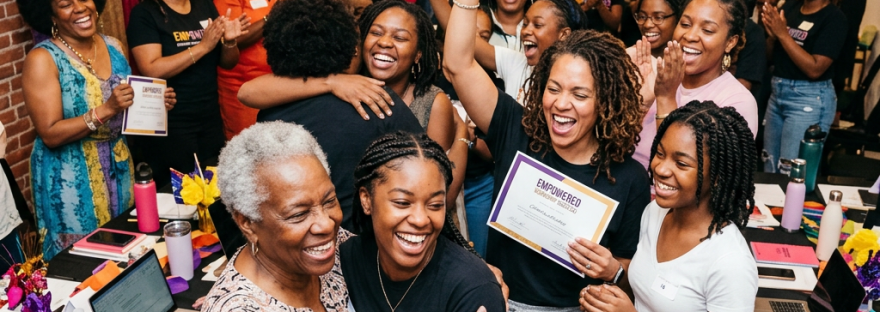 Group of women celebrating workshop completion with certificates and applause